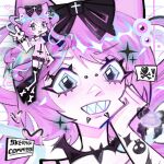  ! 1girl animal_ears arm_tattoo artist_name black_bow black_nails black_shorts black_thighhighs blue_eyes blue_ribbon blush bone_print bow bracelet bridge_piercing cat_ears cat_girl cat_tail commission cross cross_print english_commentary eye_hair_ornament eyelashes face_piercing four-pointed_star full_body grin hair_bow hair_ribbon hair_tie halftone head_rest heart highres inverted_cross jewelry leg_tattoo looking_at_viewer looking_to_the_side multiple_views original panty_&amp;_stocking_with_garterbelt_(style) paper_background pastel_goth piercing pink_hair pink_shirt pink_theme portrait print_bow print_shirt print_thighhighs ribbon sharp_teeth shirt short_hair short_shorts shorts single_bare_shoulder single_bracelet skellykou skull_tattoo smile snakebite_(piercing) solo spiked_bracelet spikes spoken_exclamation_mark spoken_heart strap striped_background t-shirt tail tattoo teeth thighhighs torn_clothes torn_shirt two_side_up v-shaped_eyebrows wing_collar 