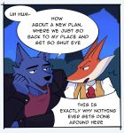 2026 absurd_res accessory annoyed anthro black_clothing black_jacket black_topwear canid canine canis clothed clothing comic dialogue digital_media_(artwork) don't_eat_the_neighbours duo english_text eye_contact film_grain forest fox fox_(don't_eat_the_neighbours) fur grey_body grey_fur hi_res idl3nova jacket looking_at_another male male/male mammal multicolored_body multicolored_fur necktie night orange_body orange_fur plant red_clothing red_necktie red_shirt red_topwear shirt shrub text topwear tree two_tone_body two_tone_fur vest white_body white_clothing white_fur white_shirt white_topwear wolf wolf_(don't_eat_the_neighbours) yellow_clothing yellow_topwear yellow_vest