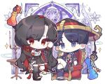  1boy 1girl arm_at_side armor arms_at_sides artist_request asymmetrical_legwear belt belt_buckle bishop_(chess) black_belt black_bodysuit black_boots black_choker black_hair black_hat black_kimono black_shorts black_skirt black_sleeves black_socks black_thighhighs blue_eyes blunt_ends bodysuit boots braid buckle candle candlelight candlestand character_request chess_piece chibi chibi_only choker closed_mouth colored_inner_hair commission couch couple cross-shaped_pupils crossed_legs curtained_hair dark_persona detached_sleeves earrings eyeliner fatui_logo flower flower_earrings frilled_sleeves frills full_body furisode_sleeves genshin_impact gold gold_buckle gold_trim hair_flower hair_ornament hand_up hat hetero highres japanese_armor japanese_clothes jewelry jingasa juban kimono kote kurokote layered_sleeves long_hair looking_at_viewer makeup mandarin_collar mismatched_legwear mitsudomoe_(shape) multicolored_hair neck_ring o-ring oc_x_canon open-toe_boots open_clothes open_kimono original plum_blossoms purple_hair purple_rope purple_sash purple_sleeves queen_(chess) red_eyeliner red_eyes red_flower red_hair red_hat red_kimono red_sash rope sash scaramouche_(genshin_impact) second-party_source shimenawa shirt short_sleeves shorts side_braid side_slit single_braided_sidelock single_hair_intake single_sock single_thighhigh sitting skirt socks standing streaked_hair swept_bangs symbol-shaped_pupils table tassel thigh_strap thighhighs tomoe_(symbol) very_long_hair white_background white_kimono white_rope white_shirt 