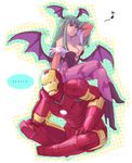  1boy 1girl animal_print armor bare_shoulders bat_print bat_wings boots breasts cleavage crossed_legs demon_girl green_eyes green_hair hair_tousle head_wings high_heels highres indian_style iron_man knhl large_breasts leotard long_hair low_wings marvel marvel_vs._capcom marvel_vs._capcom_3 morrigan_aensland musical_note pantyhose power_armor print_legwear shoes sitting sitting_on_person succubus superhero sweat tony_stark vampire_(game) wings 