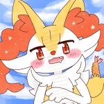 1:1 2022 ambiguous_anthro ambiguous_gender annyui0611 anthro biped blush bodily_fluids braixen bust_portrait canid cloud cute_fangs digital_drawing_(artwork) digital_media_(artwork) drooling fangs food front_view generation_6_pokemon japanese_description looking_at_viewer mammal nintendo object_in_tail open_:3 open_mouth open_smile pokemon pokemon_(species) portrait saliva shrimp_(food) sky smile snout solo standing tail teeth translated_description