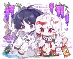  1boy 1girl ahoge arm_at_side artist_request bird black_bridal_gauntlets black_hair black_sandals black_sash blue_eyes blunt_ends bow bridal_gauntlets character_request chibi chibi_only choppy_bangs closed_mouth clothing_cutout commission couple detached_sleeves earrings egasumi eyelashes eyeliner feathers floral_print flower flower_earrings full_body furisode_sleeves genshin_impact grey_bow hand_up hetero highres japanese_clothes jewelry kimono layered_sleeves leaf long_hair long_sleeves looking_at_animal makeup medium_skirt multicolored_hair nontraditional_miko obiage oc_x_canon okobo omamori open_mouth original pants pelvic_curtain plant platform_sandals plum_blossoms pom_pom_(clothes) purple_feathers purple_hair purple_kimono purple_sleeves purple_veil red_eyeliner red_eyes red_flower red_hair red_skirt rock sandals sash scaramouche_(genshin_impact) scaramouche_(kabukimono)_(genshin_impact) second-party_source see-through_clothes see-through_veil shoulder_cutout sitting skirt smile split_mouth streaked_hair string veil very_long_hair water white_background white_bird white_hair white_kosode white_mouth white_pants white_skirt white_sleeves wisteria yellow_feathers zouri 