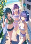  2girls 3girls absurdres ahoge armpits bare_legs beach bikini bikini_under_clothes blue_hairband breasts brown-tinted_eyewear collarbone denim denim_shorts eyewear_hang fingernails frilled_bikini frills gakuen_idolmaster green_hair hairband hataya_misuzu highleg highleg_bikini highres idolmaster jacket jacket_partially_removed kaya_rinha long_hair looking_at_viewer medium_breasts mismatched_bikini multiple_girls navel nyome991 outdoors purple_hair railing see-through_clothes see-through_jacket short_hair short_shorts shorts stomach swimsuit syngup!_(idolmaster) tinted_eyewear tsukimura_temari unworn_eyewear v white_bikini 