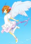  1girl asymmetrical_clothes bad_id bad_pixiv_id brown_hair cardcaptor_sakura dress full_body green_eyes kinomoto_sakura kinomoto_sakura_(platinum_star_dress) photoshop_(medium) short_hair single_thighhigh solo thighhighs tsukimushi wings 