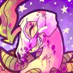 1:1 2014 ambiguous_gender bayleef blood blood_on_face bodily_fluids bone bust_portrait eyes_closed fangs feral generation_2_pokemon healer_(straviios) nintendo pale_body pokemon pokemon_(species) portrait simple_background skull skull_head sky spacesmilodon star starry_sky teeth
