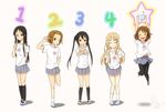  akiyama_mio bin_tang_li black_eyes black_hair black_legwear blonde_hair blue_eyes blush_stickers bowl brown_eyes brown_hair clothes_writing food highres hirasawa_yui jumping k-on! kneehighs kotobuki_tsumugi legs multiple_girls nakano_azusa pantyhose pun rice rice_bowl shirt shoes skirt socks t-shirt tainaka_ritsu takuan uwabaki white_legwear 