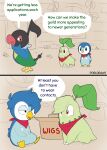 absurd_res ambiguous_gender chatot chikorita comic dialogue english_text feral generation_2_pokemon generation_4_pokemon hi_res kerchief kerchief_only mostly_nude neckerchief neckerchief_only neckwear nintendo piplup pokemon pokemon_(species) pokemon_mystery_dungeon porldraws spike_chunsoft text