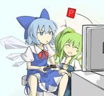  araco blue_dress blue_eyes blue_hair blush bow cirno closed_eyes commentary_request computer controller daiyousei dress frown game_controller green_hair hair_bow multiple_girls open_mouth playing_games ponytail power-up short_hair sitting smile touhou wings yousei_daisensou 