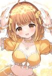  1girl :d ahoge akatsuki_clara bikini breasts brown_hair character_name cleavage commentary frilled_bikini frills hanazora_satsuki highres jacket looking_at_viewer medium_breasts medium_hair open_mouth orange_eyes palette_project puffy_short_sleeves puffy_sleeves short-sleeved_jacket short_sleeves smile solo swimsuit untranslatable_commentary virtual_youtuber yellow_bikini yellow_jacket 