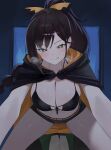  1boy 1girl :q absurdres bikini black_bikini black_cape black_shorts braid braided_ponytail breasts brown_hair cape commentary girl_on_top green_eyes heart heart-shaped_pupils highres large_breasts long_hair natsuki_subaru nbee_ya ponytail re:zero_kara_hajimeru_isekai_seikatsu shaula_(re:zero) shorts swimsuit symbol-shaped_pupils tongue tongue_out untranslatable_commentary 