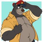4_fingers anthro baloo bear belly big_belly chest_tuft clothed clothing disney fingers fur grey_body grey_fur half-length_portrait hat headgear headwear holding_clothing holding_hat holding_headgear holding_headwear holding_object holding_shirt holding_topwear male mammal michelangeloaf multicolored_body musclegut muscular muscular_male navel open_clothing open_shirt open_topwear portrait shirt signature smile solo talespin the_jungle_book topwear tuft two_tone_body undressing_self