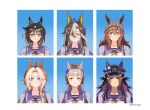  6+girls 927ming absurdres ahoge animal_ears beanie black_hair blue_eyes blunt_bangs blush bow bowtie brown_eyes brown_hair brown_hat closed_mouth collarbone commentary_request dream_journey_(umamusume) ear_bow ear_covers ears_through_headwear eyewear_strap fenomeno_(umamusume) flipped_hair frown glasses gold_ship_(umamusume) grey_hair grey_hat hair_between_eyes hat highres horse_ears horse_girl horseshoe_hat_ornament horseshoe_ornament korean_commentary long_hair long_sleeves looking_at_viewer multicolored_hair multiple_girls nakayama_festa_(umamusume) orange_hair orfevre_(umamusume) peaked_cap pillbox_hat portrait purple_eyes purple_hair purple_sailor_collar purple_shirt sailor_collar sailor_shirt school_uniform shirt simple_background single_ear_cover smile stay_gold_(umamusume) stay_gold_clan_(umamusume) streaked_hair tracen_school_uniform two-tone_hair umamusume white_bow white_bowtie white_hair 