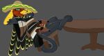 anatid anseriform avian belt bird chair clothing cowboy crossed_legs duck felid feline feral furniture gryphon gun handgun hasbro hat headgear headwear hi_res leaning leaning_backward male mammal my_little_pony mythological_avian mythological_creature mythology paws pistol poncho ranged_weapon simple_background smile smirk solo sombrero table tail villegreen weapon wings
