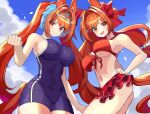  2girls animal_ears antenna_hair ass blue_one-piece_swimsuit blue_sky blush bow breasts brown_hair brown_tail cleavage closed_mouth cloud cloudy_sky commentary_request daiwa_scarlet_(mini_vacation)_(umamusume) daiwa_scarlet_(umamusume) day dual_persona hair_between_eyes hair_bow hair_intakes hair_ornament hand_on_own_hip highres horse_ears horse_girl horse_tail katwo large_breasts long_hair looking_at_viewer multiple_girls official_alternate_costume official_alternate_hairstyle one-piece_swimsuit open_mouth red_bow red_eyes school_swimsuit sky smile swimsuit tail tracen_swimsuit twintails umamusume underboob very_long_hair 