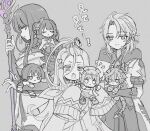  1boy 2girls aino_(genshin_impact) albedo_(genshin_impact) bangs_pinned_back blunt_bangs blush_stickers braid bridal_gauntlets character_doll choker coat curtained_hair doll doll_on_shoulder durin_(genshin_impact) engulfing_lightning_(genshin_impact) genshin_impact gloves grey_background greyscale hair_intakes hair_ornament hairclip half_up_braid heart heart_hair_ornament holding holding_doll holding_polearm holding_weapon hood hooded_coat ineffa_(genshin_impact) japanese_clothes kimono long_hair long_single_sidelock low-braided_long_hair low-tied_long_hair monochrome multiple_girls mxxu_box notice_lines o-ring o-ring_choker obi off_shoulder open_mouth pants pelvic_curtain polearm raiden_shogun sash scaramouche_(genshin_impact) screw_hair_ornament short_kimono short_sleeves shrug_(clothing) sleeves_past_fingers sleeves_past_wrists spot_color stuffed_toy thighhighs translation_request tsurime wanderer_(genshin_impact) weapon 