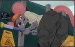 absurd_res anthro bathroom bent_over big_ears blush bottomwear buckteeth butt clothed clothed_female clothing crooked_whiskers employee_uniform female fully_clothed fully_clothed_female fur goah_sparky grey_body grey_fur hairless_tail hat headgear headwear hi_res looking_at_viewer looking_back looking_back_at_viewer mammal murid murine pants public_restroom rat ratricia_(el-k) rodent shirt solo t-shirt teeth topwear visor_cap wet_floor_sign