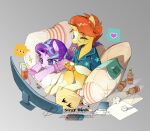  :d absurdres animal_focus animification aqua_hair chinese_commentary closed_eyes commentary_request controller couch glasses grey_background highres holding holding_controller long_hair lying multicolored_hair my_little_pony my_little_pony:_friendship_is_magic nintendo_switch nixihuanchiyutouma no_humans on_stomach orange_hair playing_games pony_(animal) purple_eyes purple_hair round_eyewear short_hair simple_background sitting smile starlight_glimmer streaked_hair sunburst_(my_little_pony) television unicorn watermark 