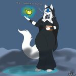 absurd_res anthro barefoot blue_eyes blue_hair book breasts canid canine canis clothing dialogue ears_up feet female fur gorgonwriting hair hi_res mammal occult occult_symbol occultism robe solo sonichu_(character) sonichu_(series) sonichu_medallion symbol tail text white_body white_fur white_hair wolf