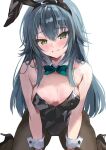  1girl alternate_costume animal_ear_hairband animal_ears black_hairband black_leotard black_pantyhose black_shoes blue_hair blush breasts closed_mouth collarbone commentary embarrassed fake_animal_ears gakuen_idolmaster green_eyes hairband high_heels idolmaster knees_out_of_frame leotard long_hair medium_breasts pantyhose playboy_bunny rabbit_ear_hairband rabbit_ears sasayan_(ycka3587) shoes sitting solo split_mouth strapless strapless_leotard tongue tongue_out tsukimura_temari wariza 