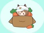  1girl animal_ears box brown_hair carrot cheval_grand_(umamusume) chibi chibi_only commentary_request ears_through_headwear gomashio_(goma_feet) green_background hat horse_ears horse_girl in_box in_container multicolored_hair no_mouth short_hair solo two-tone_hair umamusume white_hair white_hat |_| 