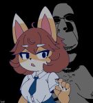 anthro brown_hair bully_fox canid canine claws clothing collared_shirt dim_lighting dipstick_ears duo ear_markings eyebrows female fox hair hi_res human mammal markings meme multicolored_ears shirt soyjak topwear voider_(artist) white_eyebrows