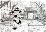  architecture broom east_asian_architecture etogami_kazuya gate hat kirisame_marisa leaf long_hair maple_leaf monochrome nature outdoors scenery solo spot_color touhou tree witch_hat 