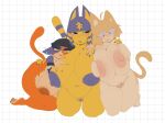 4_fingers animal_crossing ankha_(animal_crossing) big_breasts black_nails blonde_hair blue_hair blue_nipples breast_play breast_squish breasts colored_nails cuddling epic_games felid feline female fingers fondling fortnite fur genitals geometric_background grid_background group hair hi_res huge_breasts kneeling mammal meow_skulls nails neco-arc nintendo nipples nude nude_female orange_body orange_fur pattern_background pubes red_eyes simple_background sosohipus squish trio tsukihime type-moon vulva yellow_body yellow_eyes yellow_fur