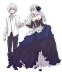  1girl artist_request blue_eyes couple dress gown gwendolyn head_wings hetero holding_hands long_hair lowres odin_sphere oswald_(odin_sphere) red_eyes short_hair smile strapless strapless_dress white_hair 