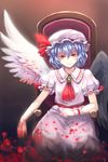  alternate_wings angel_wings asymmetrical_wings blue_hair bryanth hat red_eyes remilia_scarlet short_hair solo touhou wings 