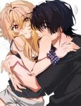  1boy 1girl ? ?? alternate_costume black_eyes black_hair black_shirt black_sleeves blonde_hair blunt_ends blush casual commentary contemporary couple dintoge eyelashes fingernails genshin_impact hand_on_another's_shoulder hand_on_another's_stomach head_on_another's_shoulder hetero highres hug hug_from_side looking_at_another looking_at_viewer lumine_(genshin_impact) midriff_peek neck_blush open_mouth parted_lips scaramouche_(genshin_impact) scrunchie shirt short_hair short_hair_with_long_locks short_shorts short_sleeves shorts shoulder_blush sidelocks spaghetti_strap spoken_question_mark squiggle sweatdrop tareme tsurime untranslatable_commentary white_background white_shorts wrist_scrunchie yellow_eyes 