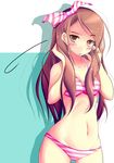  adjusting_hair bikini blush bow breasts brown_eyes brown_hair hair_bow hairband highres idolmaster idolmaster_(classic) idolmaster_2 long_hair minase_iori natsu_(anta_tte_hitoha) navel small_breasts solo striped striped_bikini striped_swimsuit sweat swimsuit 