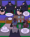absurd_res anthro bag balls bathrobe black_body black_outline body_hair brother_(lore) brothers_(lore) brown_body building canid canine canis car_interior caught chest_hair clothing comic dasyurid dasyuromorph dialogue domestic_dog eddicus edgar_(eddicus) english_text eyebrows facial_hair five_o'clock_shadow footwear foreskin fur genitals group hi_res house husky inside_vehicle joel_(eddicus) keith_(eddicus) male mammal marsupial mature_male muscular muscular_male mustache nordic_sled_dog outdoor_nudity outline overweight penis pubes robe shoes sibling_(lore) slippers speech_bubble spitz sunset tail tan_body tan_fur tasmanian_devil text thick_eyebrows trash_bag trash_can trio