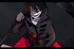  1boy bandaged_chest bandaged_hand bandaged_head bandaged_neck bandages black_eyes black_hair black_hoodie blood blood_on_clothes crazy_smile dark_background glowing glowing_eye heterochromia holding holding_scythe hood hood_up hoodie irucha isaac_foster long_sleeves looking_down satsuriku_no_tenshi scythe smile upper_body yellow_eyes 