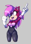 anthro armwear black_bodysuit black_clothing black_nose black_skinsuit bodysuit breasts cleavage clothed clothing cosplay elbow_gloves eulipotyphlan eyelashes female front_view fur gloves grey_background hair handwear hedgehog lipstick makeup mammal navel_outline open_mouth open_smile pink_hair pink_lipstick purple_body purple_fur rouge_the_bat sega simple_background skinsuit smile solo sonia_the_hedgehog sonic_the_hedgehog_(series) sonic_underground tan_body tan_fur thecakeee thick_thighs tight_clothing white_clothing white_gloves white_handwear wide_hips