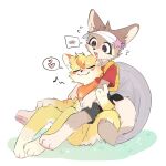 1:1 2025 ambiguous_anthro ambiguous_gender anthro backpack biped blush bottomwear brown_body brown_fur canid canine closed_smile clothed clothed_ambiguous clothed_anthro clothing digital_drawing_(artwork) digital_media_(artwork) duo eyes_closed feet flat_colors flustered fully_clothed fully_clothed_ambiguous fully_clothed_anthro fur fur_tuft gloves_(marking) grass head_tuft heart_reaction hi_res highlights_(coloring) hindpaw hug hugging_another hugging_from_behind inner_ear_fluff kerchief kerchief_only leg_markings looking_at_another mammal markings mostly_nude mostly_nude_ambiguous mostly_nude_anthro mouth_closed multicolored_body multicolored_fur neckerchief neckerchief_only neckwear open_mouth open_smile orange_highlights paws plant plantigrade shirt shorts simple_background slim slim_ambiguous slim_anthro smile socks_(marking) three-quarter_view topwear tuft two_tone_body two_tone_fur visor vitame83 white_background yellow_body yellow_fur