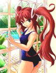  brown_hair green_eyes hand_on_window heterochromia long_hair looking_at_viewer looking_back one-piece_swimsuit original ralfu red_eyes school_swimsuit solo swimsuit twintails water window 