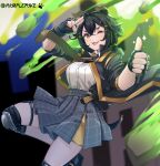 2022 absurd_res accessory animal_ears animal_humanoid animal_tail arknights black_hair bottomwear breasts brown_eyes canid canid_humanoid canine canine_humanoid canis clothed clothing dog_humanoid female fingerless_gloves footwear gesture gesturing_at_viewer gloves gun hair handgun handwear hi_res holstered_pistol humanoid hypergryph jacket jackie_(arknights) knee_pads looking_at_viewer mammal mammal_humanoid murplepuke necktie one_eye_closed open_clothing open_jacket open_mouth open_smile open_topwear pistol pose ranged_weapon shirt shoes short_hair skirt smile solo standing studio_montagne topwear weapon