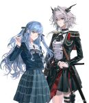  2girls absurdres aiguillette arknights ascot bang_dream! bang_dream!_it's_mygo!!!!! black_ascot black_shirt black_skirt blue_hair blue_shirt blue_skirt breasts chinese_commentary commentary_request cowboy_shot crossover dragon_girl dragon_horns epaulettes grey_hair hair_intakes hair_ribbon highres holster horns long_hair long_sleeves multiple_girls plaid_clothes plaid_skirt ribbon scabbard sheath sheathed shirt short_hair simple_background skirt small_breasts sword talulah_(arknights) talulah_the_fighter_(arknights) thigh_holster togawa_sakiko two_side_up weapon white_background wixcuwi yellow_eyes 
