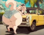 anthro bent_over big_breasts big_butt black_nose bottom_heavy bottomwear bra breasts building butt canid canine canis car clothed clothing cloud detailed_background domestic_dog female fenrir_brown finger_gun fingers floppy_ears fluffy fluffy_tail fur gesture hair hand_gesture hat headgear headlight headwear hedge hi_res house huge_butt huge_hips huge_thighs lily_(vetarix) long_hair looking_at_viewer looking_back mammal muscle_car outside overweight overweight_anthro overweight_female palm_tree pawpads paws plant pointing pointing_at_viewer pontiac pontiac_gto raised_leg raised_tail rear_view shaded shadow shorts shrub skimpy sky soap solo sponge steering_wheel suds tail thick_thighs tire torn_bottomwear torn_clothing tree under_boob underwear vehicle vhs_artifacts vhs_filter white_body white_fur white_hair wide_hips windshield windshield_wiper