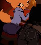 aggretsuko ambiguous_gender ambiguous_species anthro bar big-fig black_bottomwear black_clothing black_jacket black_jeans black_pants black_topwear blue_bottomwear blue_clothing blue_pants blue_sweater blue_topwear bottomwear brown_body brown_fur butt butt_focus canid canine clothing denim denim_bottomwear denim_clothing duo eyeliner female fennec_fox fenneko fox fur haida_(aggretsuko) jacket jeans leaning leaning_forward leaning_on_table looking_at_viewer low_res makeup mammal out_of_frame pants sanrio sitting_on_stool sweater tail tan_body tan_fur topwear true_fox