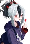  1girl absurdres backpack bag black_choker black_hair black_hoodie black_horns blue_archive blush choker commentary_request earclip finger_heart from_side gradient_hair grey_halo halo highres hood hoodie horns kayoko_(blue_archive) looking_at_viewer mopi_(oooo5412) multicolored_hair multicolored_horns open_mouth ponytail red_eyes red_shirt shirt short_ponytail sidelocks simple_background solo standing two-tone_hair two-tone_horns white_background white_hair 
