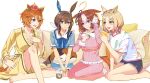  4girls admire_vega_(umamusume) ahoge animal_ears black_shorts blonde_hair blue_nightgown blush breasts brown_hair carrot_print closed_mouth commentary crown cup double-parted_bangs ear_covers ear_ribbon english_commentary flower food_print hair_between_eyes hair_ornament hairband hairclip highres holding holding_cup horse_ears horse_girl horse_tail large_breasts long_hair long_sleeves medium_breasts medium_hair meisho_doto_(umamusume) mini_crown multicolored_hair multiple_girls narita_top_road_(umamusume) nightgown open_mouth orange_hair orange_tail pajamas pansy pants pillow pink_crown pink_hairband pink_pajamas pink_pants pink_shirt ponytail purple_eyes seiza shirt short_hair shorts sitting small_breasts smile t.m._opera_o_(umamusume) tail toryo_(yukhop_961) two-tone_hair umamusume white_hair white_shirt yellow_flower yellow_pansy yellow_pants yellow_shirt 