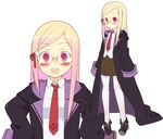  blonde_hair blush glasses highres long_hair majolica_le_fay necktie no_hat no_headwear ookami-san oversized_clothes oza_watto pantyhose purple_eyes school_uniform skirt white_legwear 