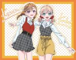  2girls :d aqua_eyes border braid camisole camisole_over_clothes character_name collared_shirt commentary grey_camisole grey_skirt hair_ornament hair_scrunchie hinoshita_kaho in-franchise_crossover looking_at_viewer love_live! love_live!_hasu_no_sora_jogakuin_school_idol_club love_live!_superstar!! low_twin_braids low_twintails medium_hair multiple_girls open_mouth orange_background orange_border orange_hair outstretched_arms pleated_shorts polka_dot polka_dot_background purple_eyes rabbit_hair_ornament red_scrunchie red_shirt scrunchie shibuya_kanon shirt short_shorts shorts skirt sleeveless sleeveless_shirt smile toto_(ke_ke99) twin_braids twintails untranslatable_commentary white_shirt yellow_shorts 