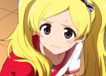 1girl bishoujo_senshi_sailor_moon bishoujo_senshi_sailor_moon_s blonde_hair blush bow bow_hairband close-up commentary_request derivative_work emily_stewart hair_bow hair_ornament hair_over_shoulder hair_ribbon hairband idolmaster idolmaster_million_live! kidachi long_hair looking_at_viewer meme parted_lips purple_eyes ribbon sailor_moon_redraw_challenge_(meme) screenshot_redraw shirt short_sleeves solo sweat sweatdrop twintails upper_body 