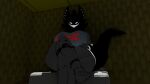 16:9 3d_(artwork) anthro bed big_breasts black_body black_ears black_fur black_tail blender_(artwork) blender_eevee_(artwork) bottomwear breasts cheek_tuft clothed clothing digital_media_(artwork) dim_lighting dtpncanidatronic ear_piercing eyelashes facial_tuft feet female fur furniture glowing glowing_eyes glowing_mouth glowing_teeth gorillaz hand_on_lap hi_res inside karelia_(ace_rattman) leg_over_thigh looking_at_viewer monster neck_tuft on_bed piercing sharp_teeth shirt shorts sitting sitting_on_bed smile smiler_(the_backrooms) solo tail teeth the_backrooms thick_thighs topwear tuft white_eyes widescreen