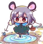  1girl animal animal_ears basket black_dress blue_boots blue_capelet boots brown_eyes capelet chibi commentary_request dowsing_rod dress grey_hair holding holding_with_tail kasuga_yuuki mouse_(animal) mouse_ears mouse_girl mouse_tail nazrin prehensile_tail puddle ripples rubber_boots solo standing standing_on_one_leg tail touhou water white_background 