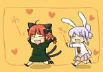  :3 :d ^_^ ahoge animal_ears bad_id bad_pixiv_id braid bunny_ears bunny_tail cat_ears cat_tail chasing chibi closed_eyes extra_ears fang heart kaenbyou_rin koyama_shigeru multiple_girls multiple_tails necktie open_mouth ponytail red_hair reisen_udongein_inaba running skirt smile tail touhou twin_braids younger 