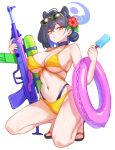  1girl absurdres animal_ears ankomochi142 bikini black_hair blue_archive blue_halo breasts commentary_request food halo highres holding holding_food holding_popsicle holding_water_gun innertube kaguya_(blue_archive) large_breasts looking_at_viewer navel popsicle short_hair simple_background solo sunglasses swim_ring swimsuit toes water_gun white_background yellow_bikini yellow_eyes 
