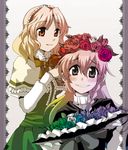  alice_margatroid blonde_hair braid brown_eyes capelet flower gradient hair_flower hair_ornament hairband hairdressing hat hat_removed headwear_removed hirafumi kirisame_marisa long_hair multiple_girls rose short_hair side_braid touhou witch_hat 